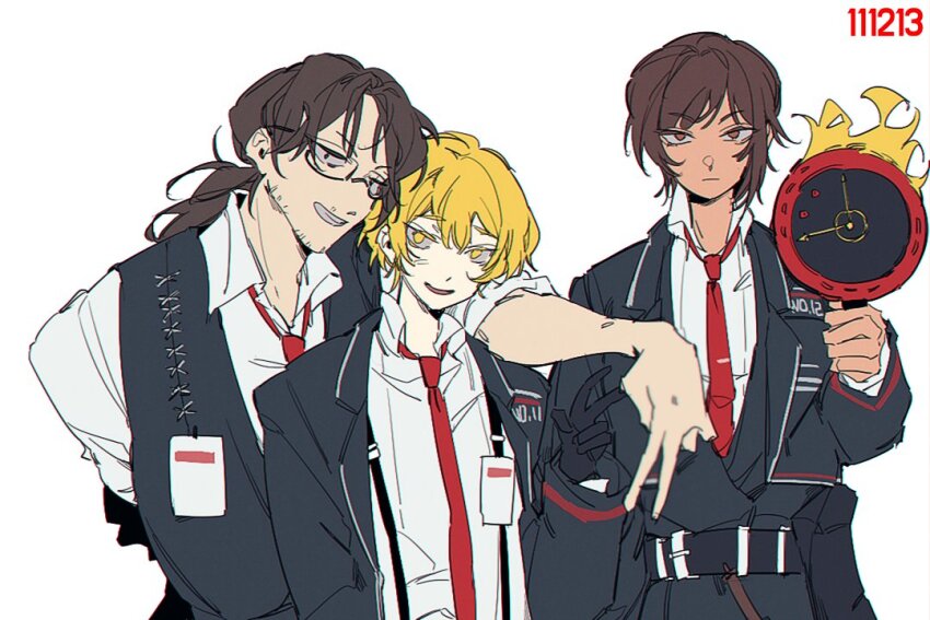 1girl, 2boys, black_gloves, blonde_hair, brown_eyes, brown_hair, closed_mouth, collared_shirt