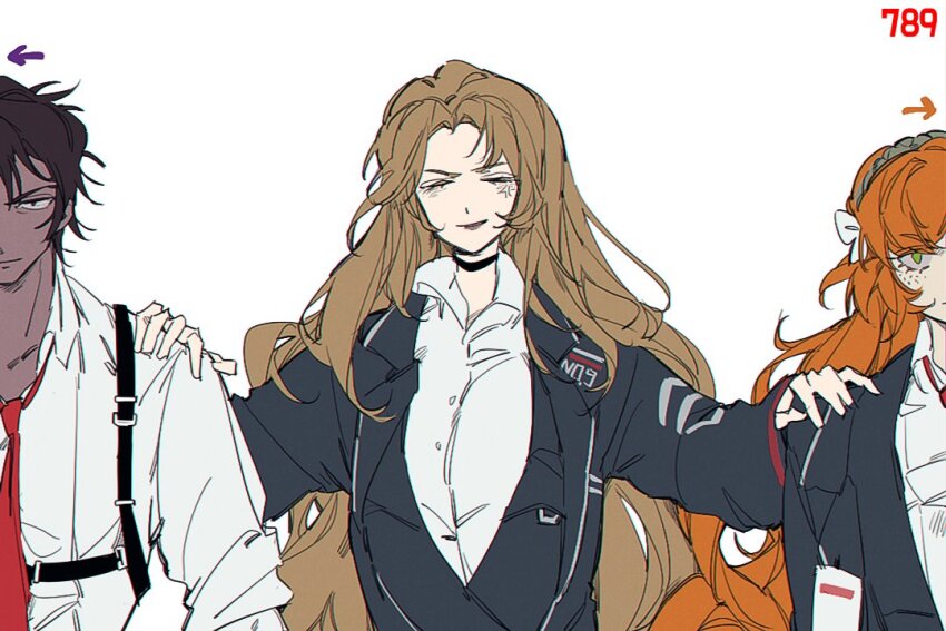 1boy, 2girls, black_vest, bow, brown_hair, collared_shirt, dark-skinned_male, dark_skin