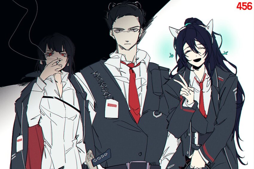 1girl, 2boys, animal_ears, black_eyes, black_hair, cat_ears, cigarette, closed_eyes, coat, collared_shirt, fake_animal_ears, high_ponytail, hong_lu_(project_moon), id_card, limbus_company, long_hair, long_sleeves, meursault_(project_moon), multiple_boys, necktie, open_mouth, pants, ponytail, project_moon, red_eyes, red_necktie, ryoshu_(project_moon), shirt, short_hair, simple_background, smile, smoke, smoking, trashdrk, very_long_hair, white_shirt