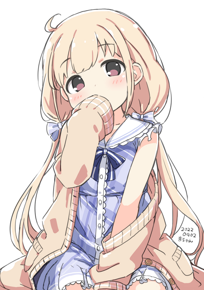 1girl, ahoge, between_legs, blue_bow, blue_bowtie, blue_dress, blue_ribbon, blush