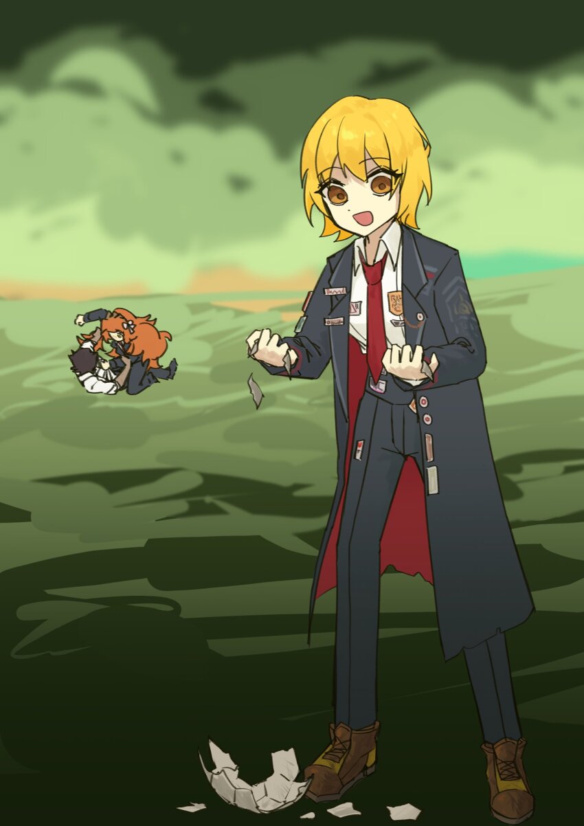 1boy, 2girls, badge, ball, black_coat, black_pants, blonde_hair, coat
