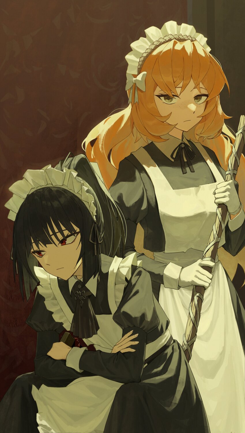 2girls, absurdres, apron, ascot, black_ascot, black_dress, black_hair, black_ribbon