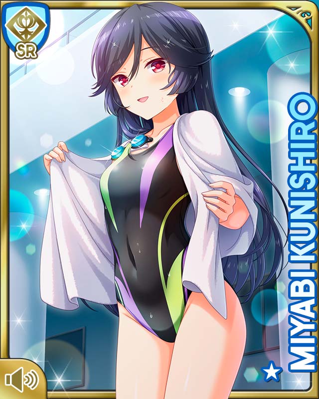 1girl, black_hair, black_one-piece_swimsuit, card, character_name, competition_swimsuit, day, girlfriend_(kari)