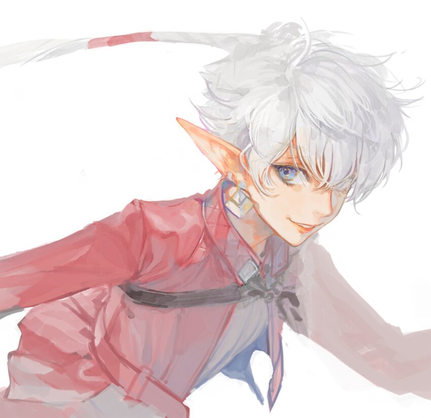 1girl, alisaie_leveilleur, bad_id, bad_twitter_id, blue_eyes, chest_belt, collared_jacket, earrings, elezen, elf, final_fantasy, final_fantasy_xiv, grey_shirt, hair_over_one_eye, hair_ribbon, highres, jacket, jewelry, koulin_ff14, long_hair, looking_at_viewer, one_eye_covered, pointy_ears, ponytail, red_jacket, ribbon, shirt, simple_background, smile, solo, upper_body, white_background, white_hair