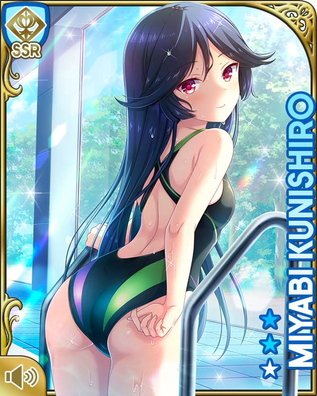1girl, adjusting_clothes, adjusting_swimsuit, ass, black_hair, black_one-piece_swimsuit, card, character_name