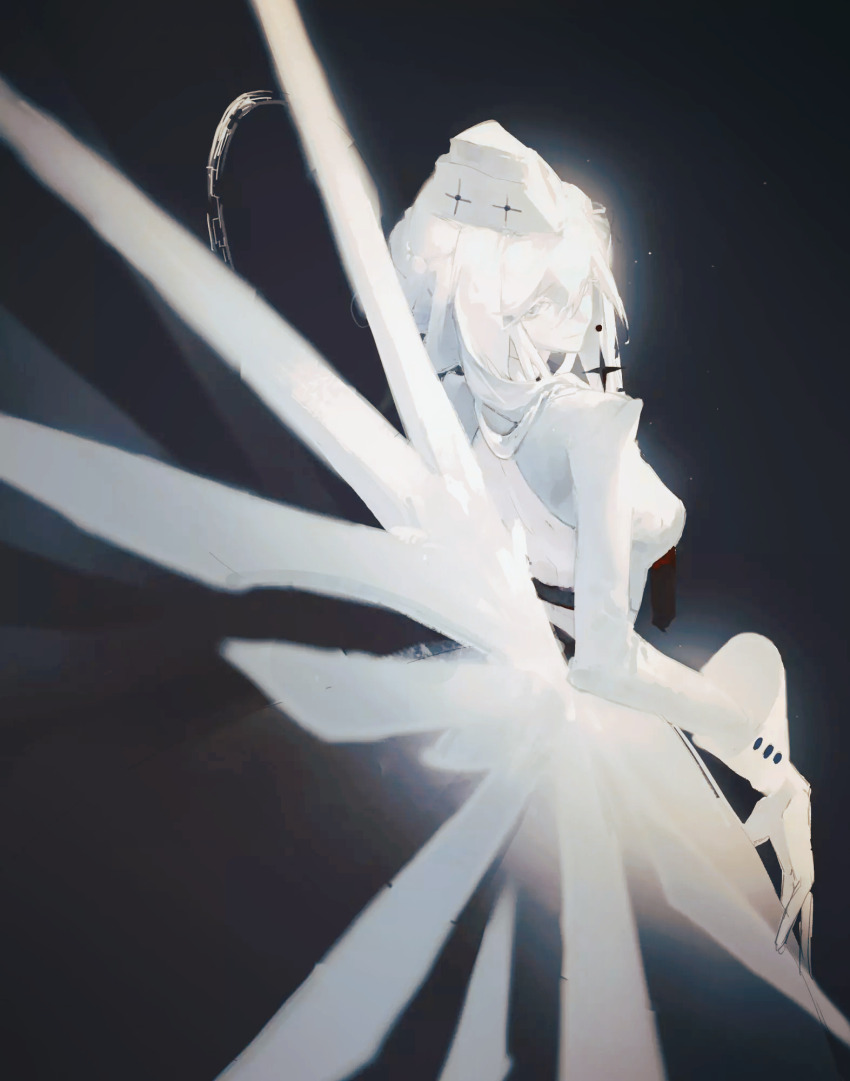 1girl, a_maretto, backless_dress, backless_outfit, bare_back, breasts, chinese_commentary, commentary, dress, from_behind, garrison_cap, gloves, glowing, glowing_halo, hair_between_eyes, halo, halo_behind_head, hat, highres, liv:_empyrea_(pgr), liv_(pgr), looking_at_viewer, looking_back, low_wings, mechanical_wings, median_furrow, medium_breasts, monochrome, punishing:_gray_raven, solo, updo, upper_body, wings