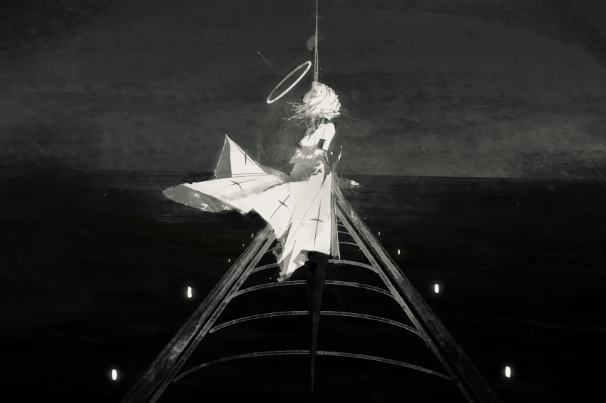 1girl, a_maretto, absurdres, armband, collared_dress, crossed_arms, dress, fog, full_body, garrison_cap, hair_over_face, halo, hat, highres, liv:_empyrea_(pgr), liv_(pgr), looking_to_the_side, monochrome, necktie, no_feet, ocean, punishing:_gray_raven, solo, standing, wind, wind_lift