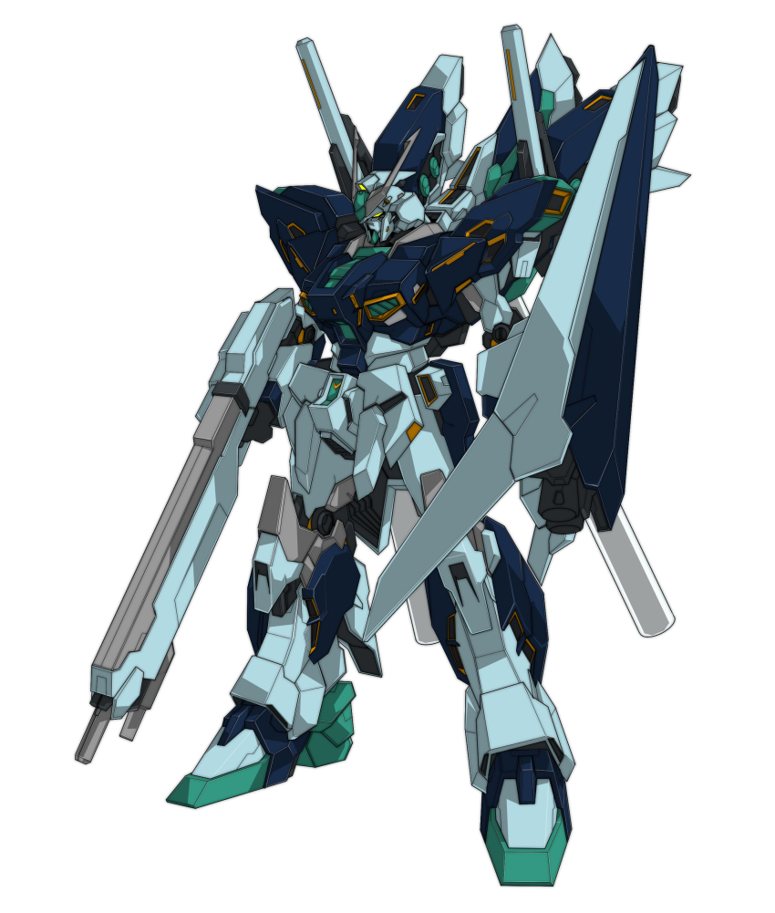 absurdres, arm_shield, beam_rifle, beastkingbarbaros, char's_counterattack, char's_counterattack_-_beltorchika's_children, commentary, energy_gun, full_body, fusion, gun, gundam, gundam_msv, gundam_narrative, hi-nu_gundam, highres, holding, holding_gun, holding_weapon, mecha, mecha_focus, mobile_suit, no_humans, nu_gundam_hws, robot, science_fiction, shield, simple_background, sinanju_stein, solo, standing, v-fin, weapon, white_background, yellow_eyes