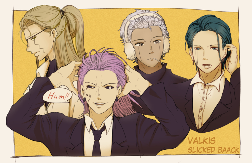 4boys, black_necktie, black_sclera, black_suit, blonde_hair, candy, character_request, charles_contini