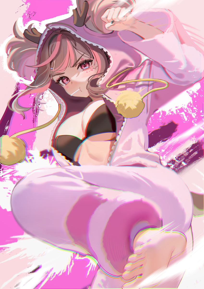 1girl, barefoot, black_bra, bra, deer_girl, exitus, flower-shaped_pupils, highres