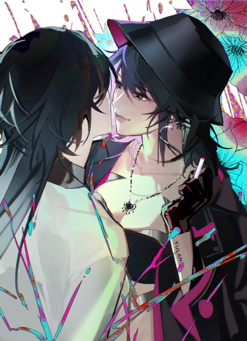 2girls, black_bra, black_coat, black_gloves, black_hair, black_hat, bra, breasts, bucket_hat, chief_(path_to_nowhere), chinese_commentary, cigarette, cleavage, closed_mouth, coat, commentary, deren_(path_to_nowhere), earrings, female_chief_(path_to_nowhere), flower, gloves, grey_eyes, hand_up, hat, heart, heart_earrings, highres, holding, holding_cigarette, jewelry, long_hair, medium_breasts, medium_hair, multiple_girls, necklace, open_clothes, open_coat, paint_splatter, path_to_nowhere, smile, underwear, white_coat, yu_lan, yuri