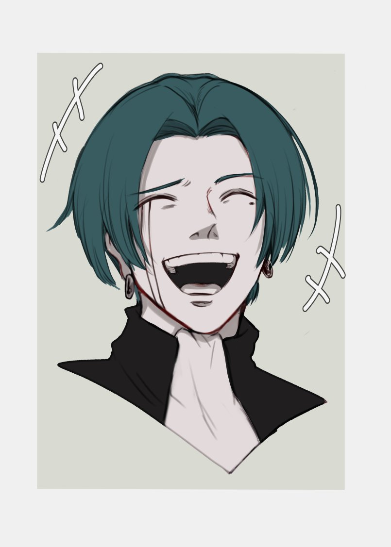 1boy, character_request, charles_contini, closed_eyes, cropped_shoulders, earrings, facial_mark, green_hair