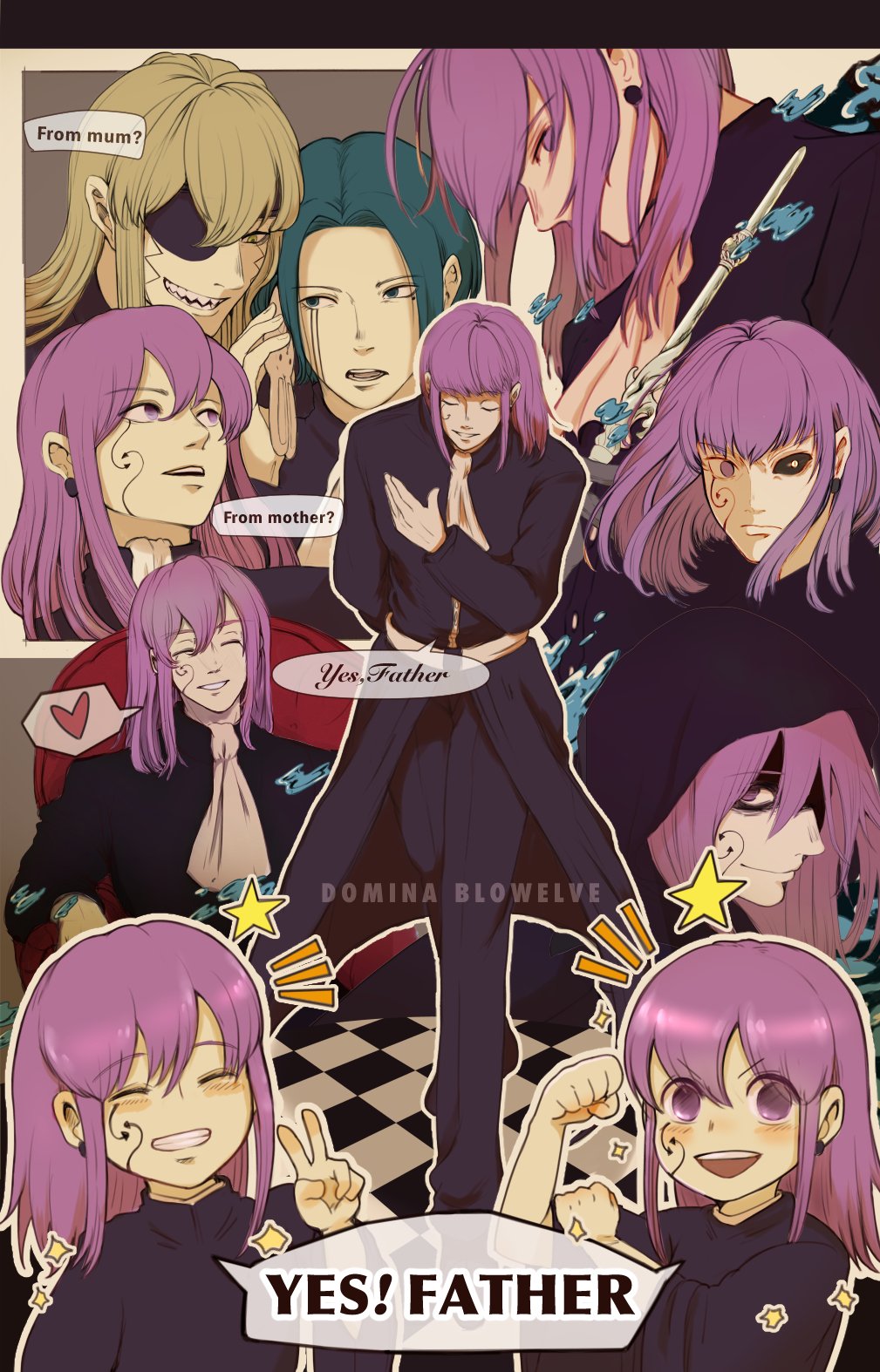 3boys, ascot, black_sclera, charles_contini, colored_sclera, domina_blowelive, eyepatch, facial_mark