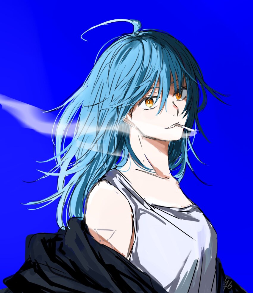 1girl, akao_rion, arm_tattoo, bare_shoulders, black_jacket, blue_background, blue_hair, breasts, highres, jacket, light_smile, long_hair, medium_breasts, open_clothes, open_jacket, rokuen_skd, sakamoto_days, sleeveless, smoke, smoke_trail, smoking, solo, tattoo, yellow_eyes