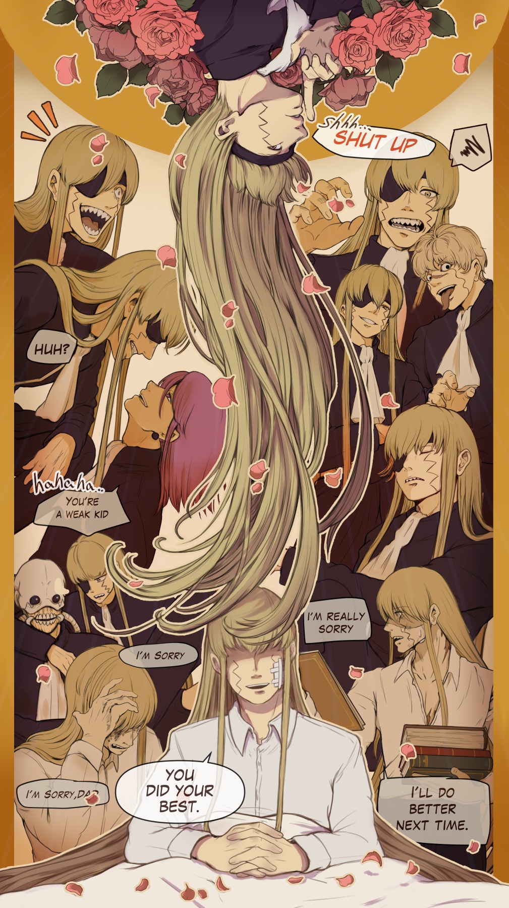 4boys, ascot, bandage_on_face, bandages, blonde_hair, book, collared_shirt, domina_blowelive