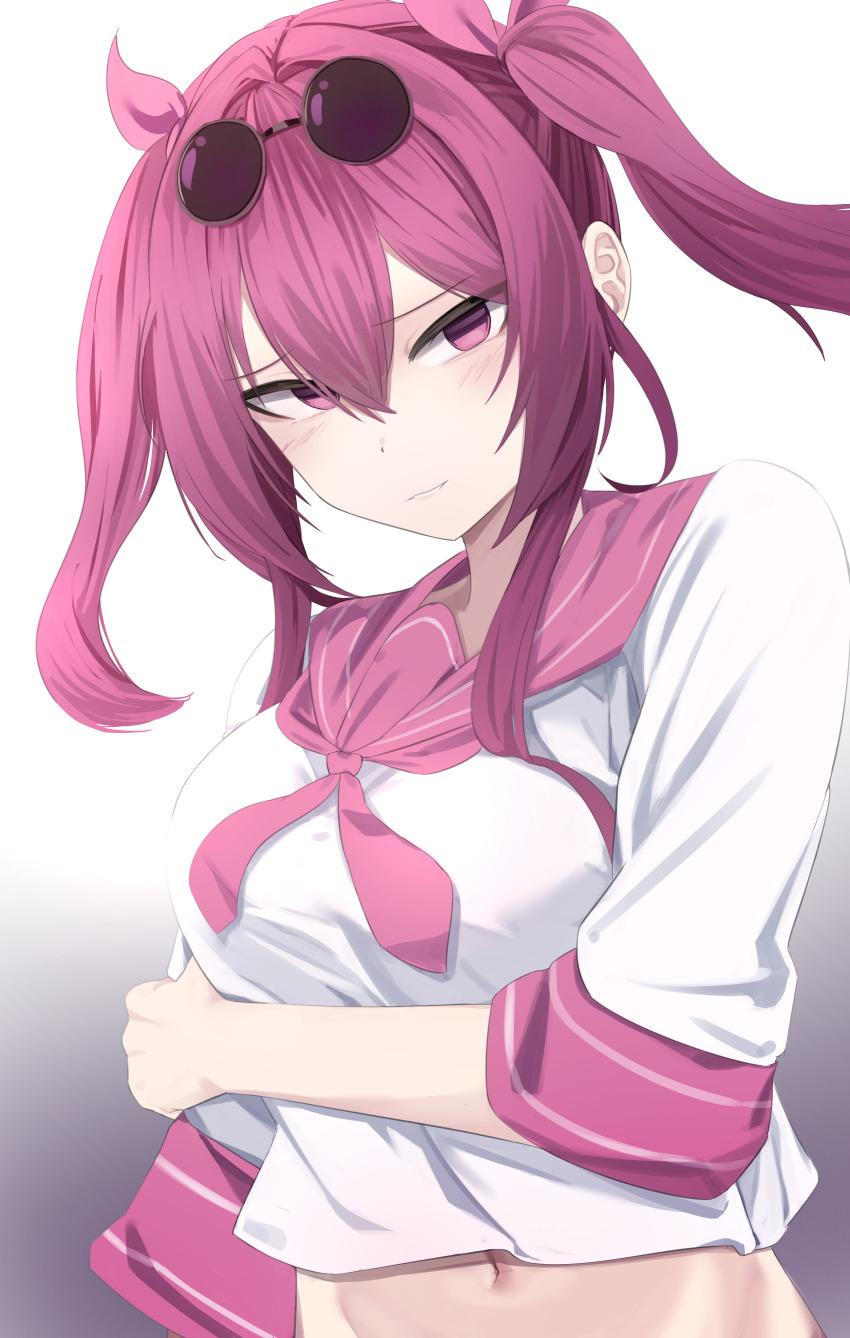 1girl, absurdres, alternate_costume, alternate_hairstyle, commentary, crop_top, dkzksp, eyewear_on_head