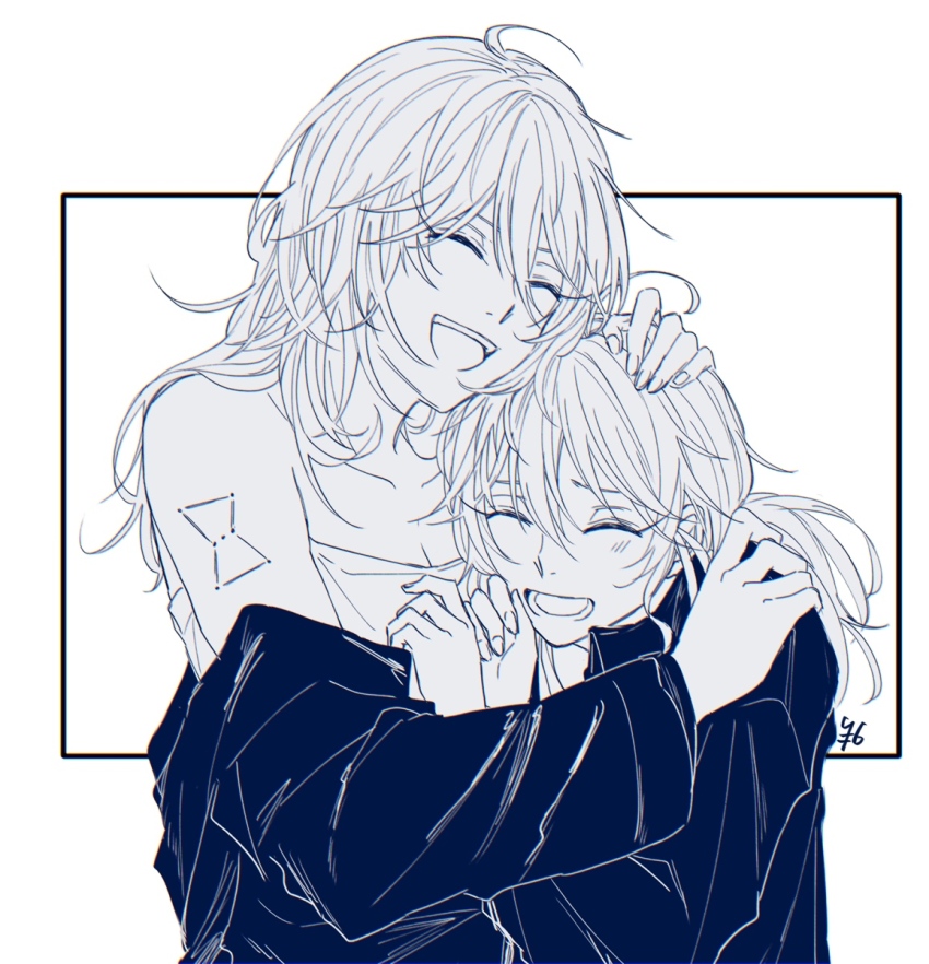 2girls, akao_akira, akao_rion, arm_tattoo, bare_shoulders, blush, closed_eyes, headpat, height_difference, highres, hug, jacket, long_hair, mother_and_child, mother_and_daughter, multiple_girls, open_clothes, open_jacket, parent_and_child, rokuen_skd, sakamoto_days, smile, tattoo