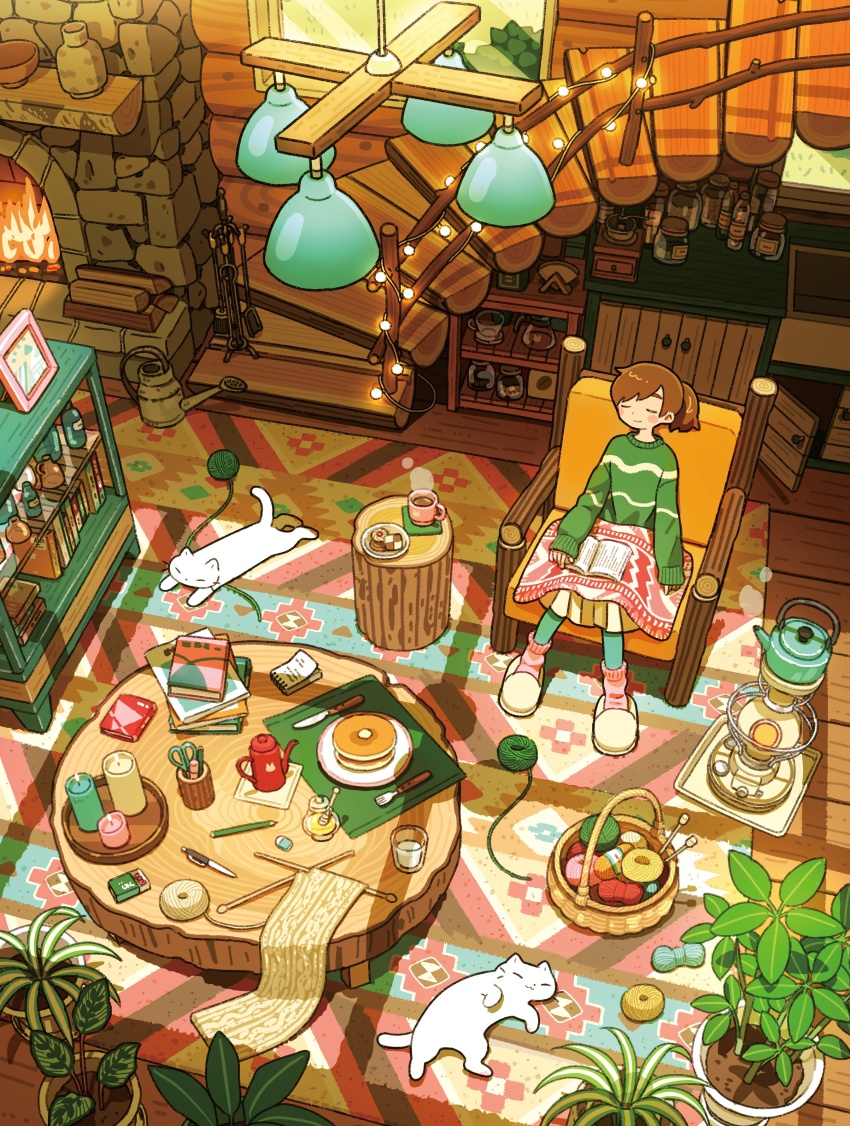 1girl, absurdly_detailed_composition, absurdres, animal, armchair, basket, blanket, blush_stickers