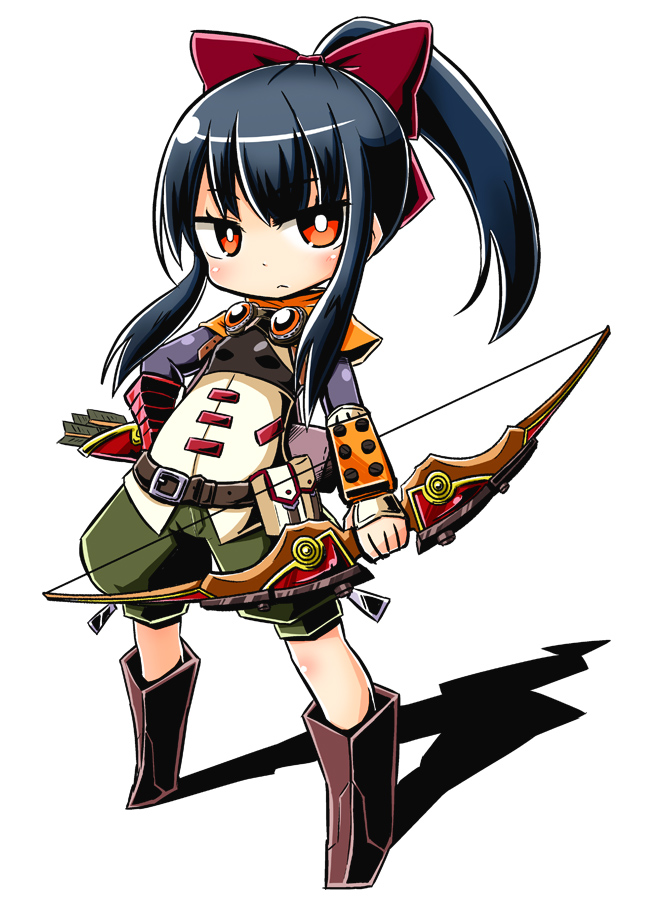 1girl, arrow_(symbol), black_hair, boots, bow, bow_(weapon), brown_boots, chibi