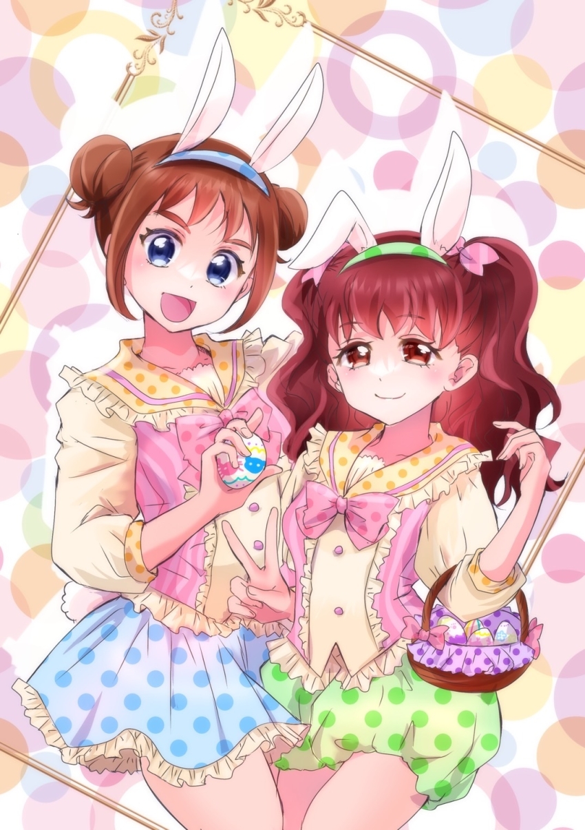 2girls, alternate_costume, animal_ears, animal_hat, basket, blouse, blue_eyes, blue_skirt