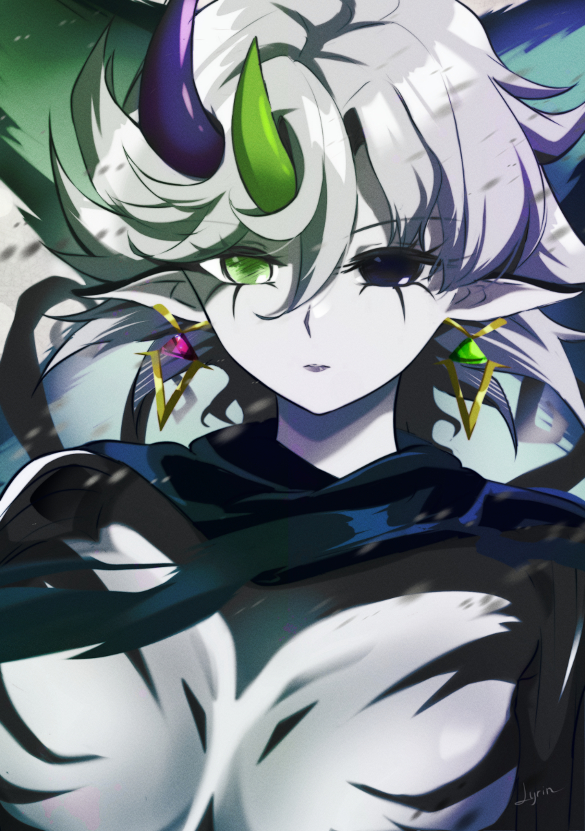 1girl, absurdres, black_eyes, breasts, diabell_queen_of_the_white_forest, duel_monster, earrings, green_eyes, hat, heterochromia, highres, horns, jewelry, large_breasts, lyrin_(haireirei), messy_hair, pointy_ears, short_hair, solo, white_hat, yu-gi-oh!