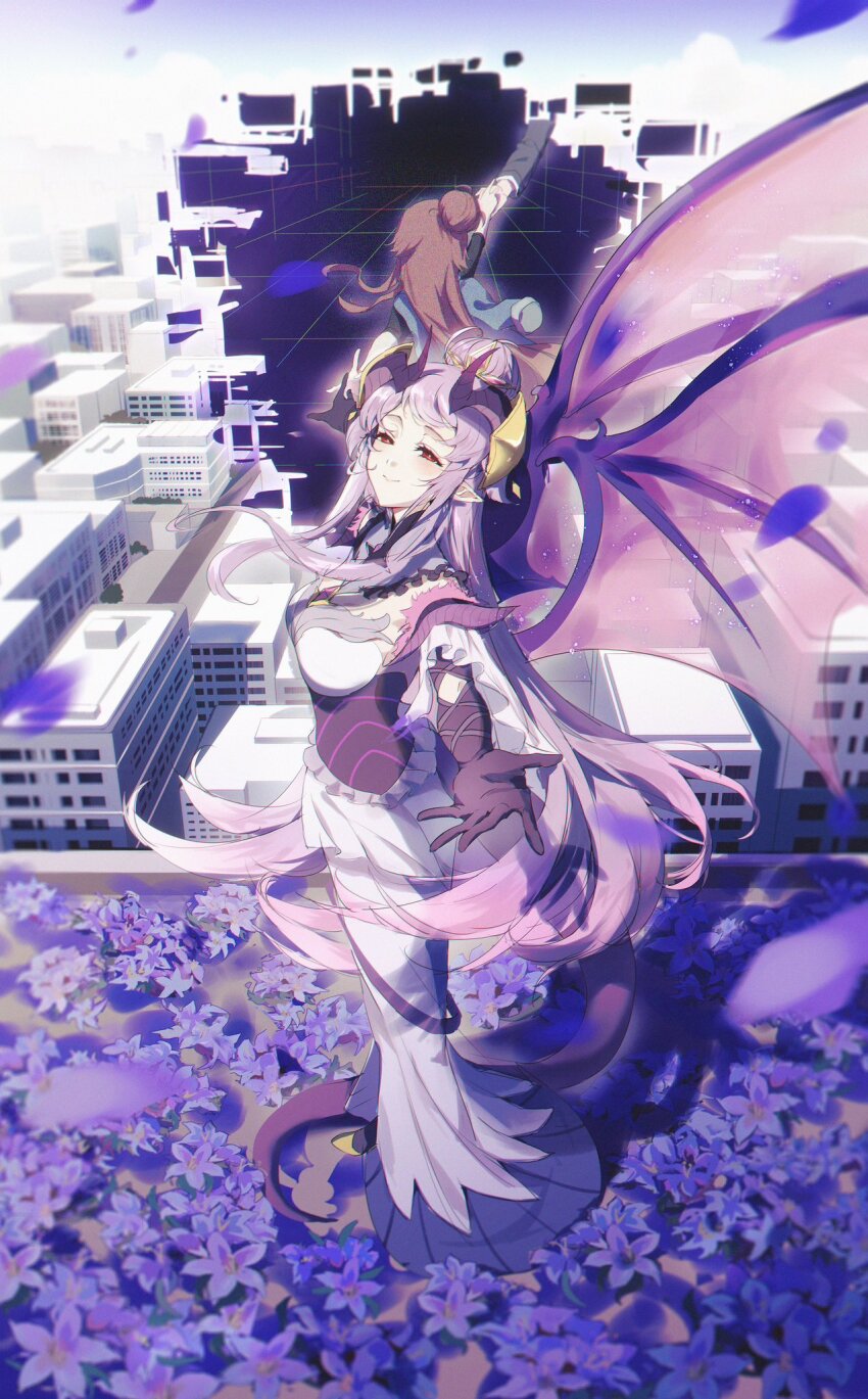 bead_necklace, beads, curled_horns, dragon_girl, dragon_horns, dragon_wings, gloves, hair_bun, highres, homare_(princess_connect!), horns, jewelry, necklace, pointy_ears, princess_connect!, purple_gloves, purple_wings, qianlilingjiang, single_hair_bun, unusually_open_eyes, wings