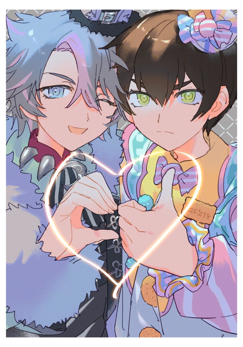 2boys, blue_eyes, blue_hair, border, brown_hair, closed_mouth, commentary_request, fur-trimmed_sleeves