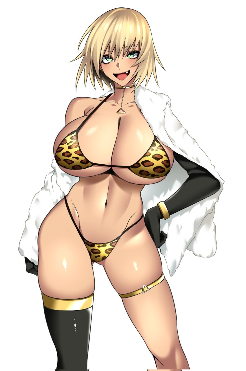1girl, :d, animal_print, bikini, black_footwear, black_gloves, black_thighhighs, border, breasts, coat, commission, corrupted_twitter_file, cropped, elbow_gloves, fang, full_body, fur_coat, gloves, gold_bikini, green_eyes, grey_background, hand_on_own_hip, highres, huge_breasts, hz_(666v), jacket, jewelry, leopard_print, necklace, off_shoulder, open_clothes, open_mouth, original, second-party_source, short_hair, single_elbow_glove, single_thighhigh, skeb_commission, smile, standing, swimsuit, thighhighs, triangle_necklace, white_border, white_coat