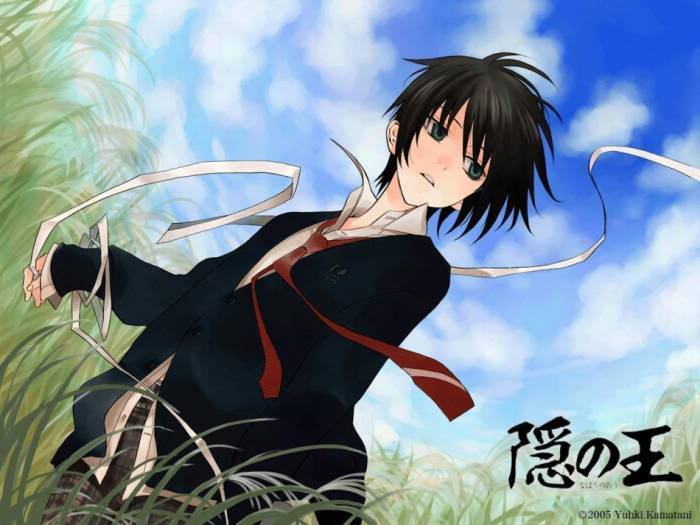 00s, 1boy, bandages, black_hair, collared_shirt, dutch_angle, formal_clothes, green_eyes, kamatani_yuuki, male_focus, nabari_no_ou, necktie, rokujo_miharu, school_uniform, shirt, solo, striped_clothes, striped_necktie, suit