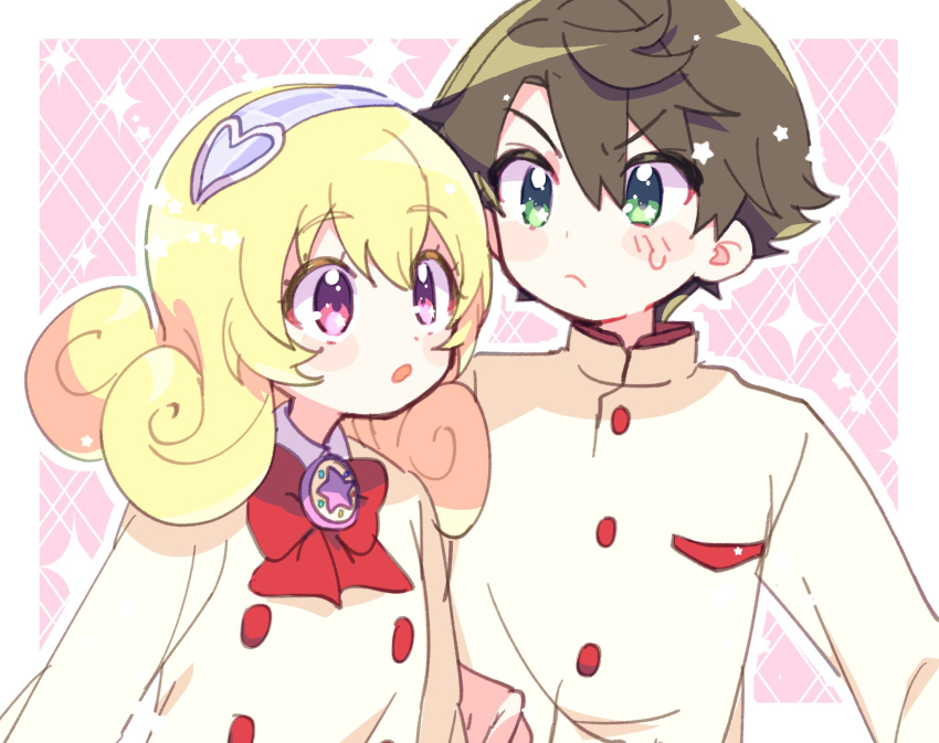 1boy, 1girl, :o, blonde_hair, bow, brown_hair, commentary_request, curly_hair