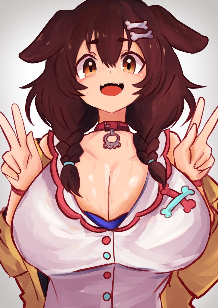 029skysky, 1girl, :3, alternate_breast_size, animal_ears, bone, bone_hair_ornament, breasts, brown_tail, dog_ears, dog_girl, dog_tail, dress, fangs, hair_ornament, hololive, huge_breasts, inugami_korone, inugami_korone_(1st_costume), jacket, large_breasts, open_mouth, tail, teeth, virtual_youtuber, white_dress, yellow_jacket