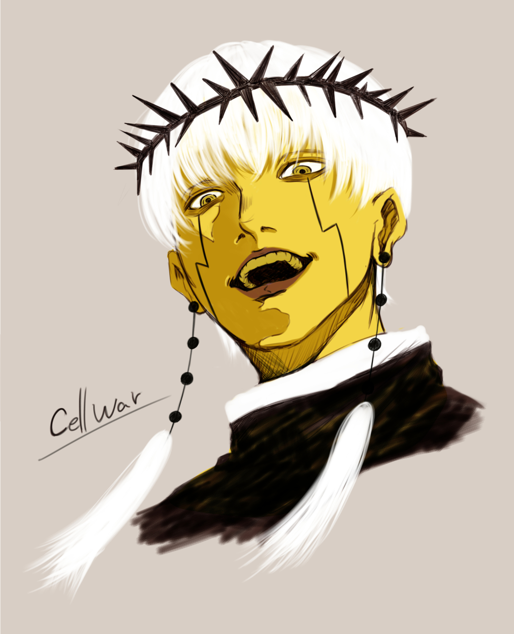 1boy, black_shirt, cell_war, cropped_shoulders, earrings, facial_mark, highres, jewelry