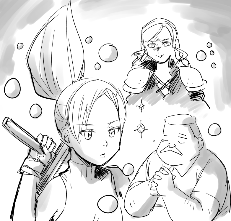 aerith_gainsborough, armor, cloud_strife, cloud_strife_(cosplay), cosplay, facial_hair, final_fantasy, final_fantasy_vii, flattop, floating_hair, food, hige_habahiro, marshmallow, marshmallow_factory_shachou, monochrome, mustache, ojisan_to_marshmallow, omake, otoi_rekomaru, own_hands_clasped, own_hands_together, parody, pauldrons, ponytail, praying, sephiroth, sephiroth_(cosplay), shoulder_armor, sidelocks, sketch, sleeveless, sleeveless_turtleneck, turtleneck, wakabayashi_iori