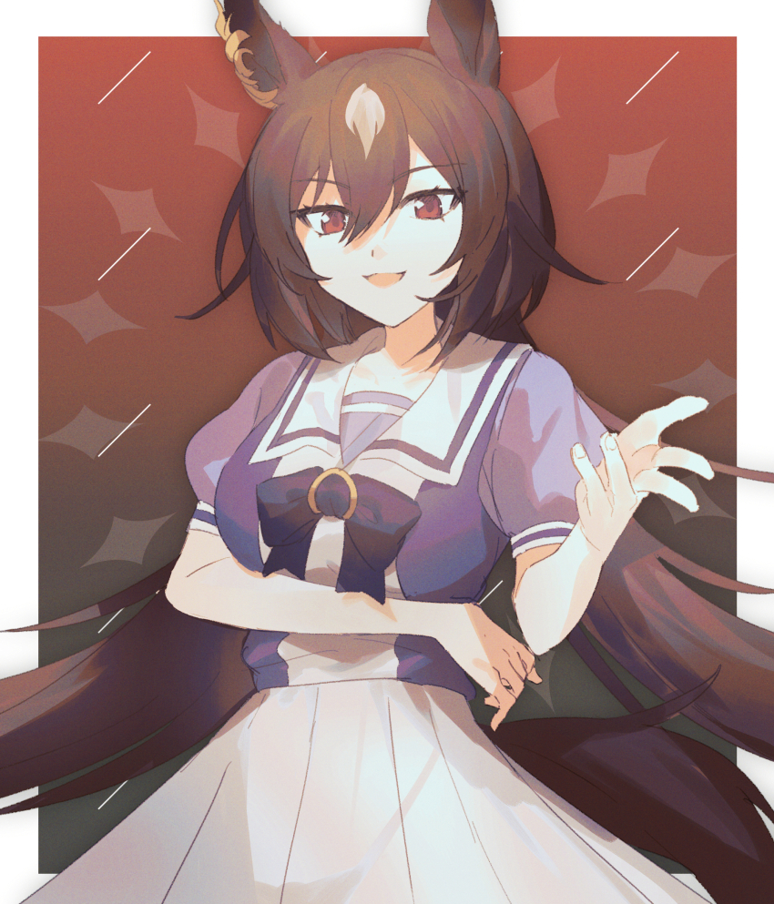 1girl, animal_ears, arm_under_breasts, blouse, border, bow, bowtie, brown_eyes