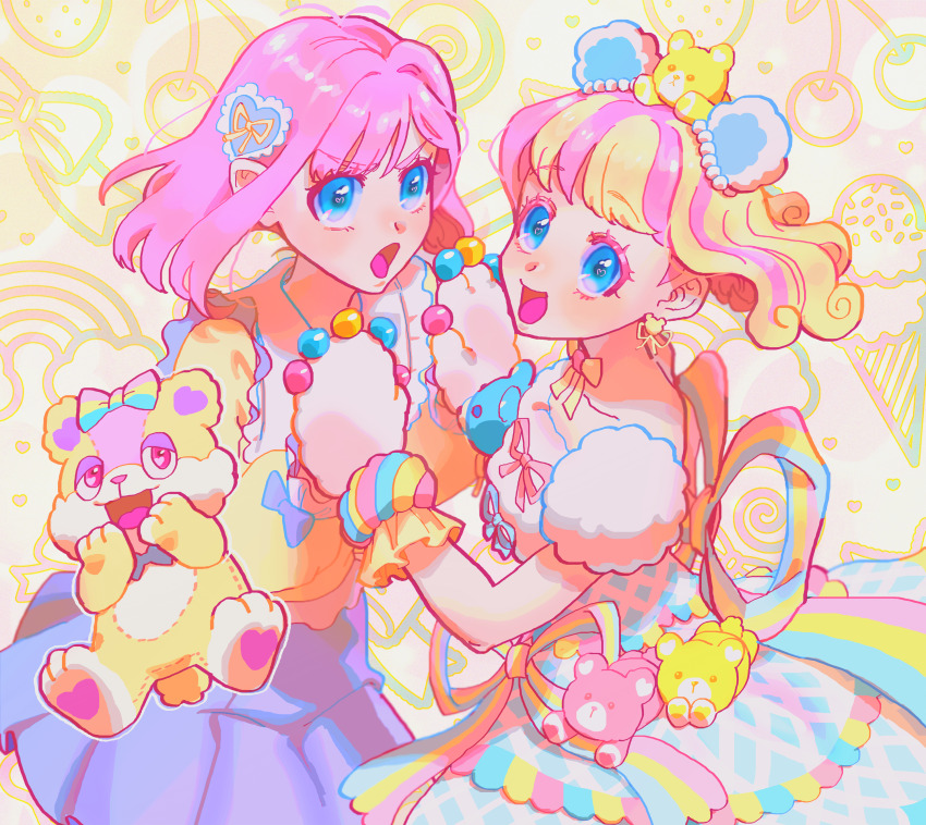 2girls, :d, absurdres, amauri_miruki, amauri_miruki_(primagista), animal_ears, animal_hands, bear_ears