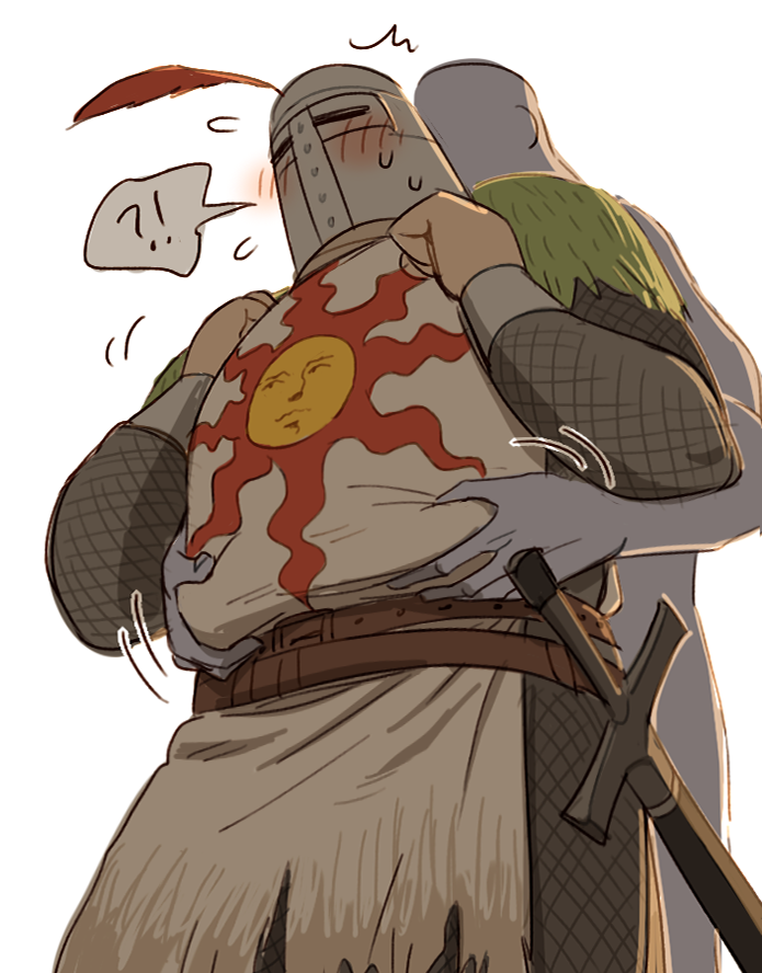 !?, 2boys, ^^^, alternate_body_size, bara, blush, cowboy_shot, dark_souls_(series), essor0706, faceless, faceless_male, fat, fat_man, from_below, pinching_another's_belly, helmet, long_sleeves, male_focus, motion_lines, multiple_boys, shy, solaire_of_astora, solo_focus, speech_bubble, spoken_interrobang, standing, white_background, yaoi