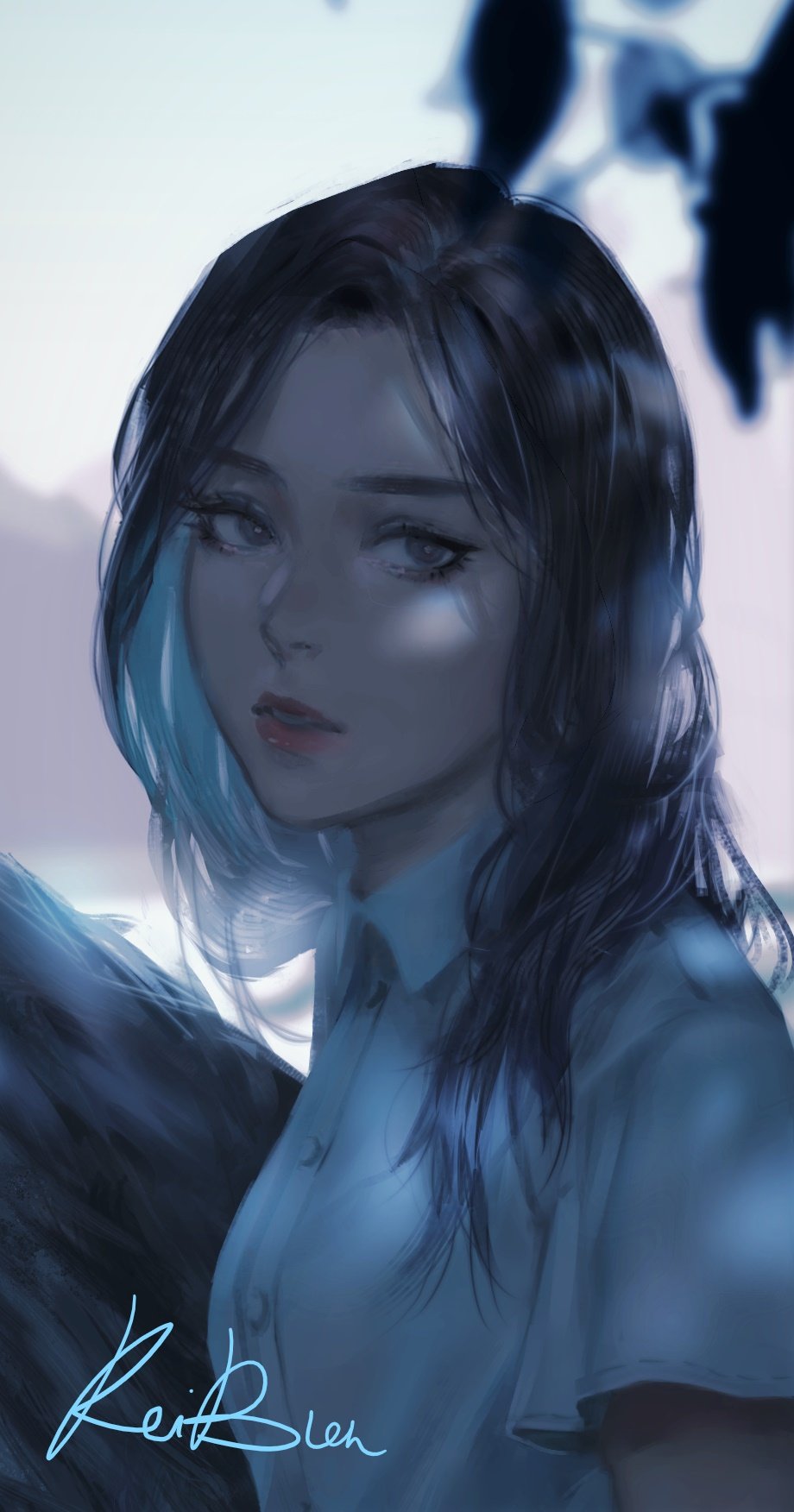 1girl, black_eyes, black_hair, colored_inner_hair, from_side, highres, keibleh, long_hair, looking_at_viewer, looking_to_the_side, loona_(group), multicolored_hair, olivia_hye, parted_lips, real_life, shirt, short_sleeves, signature, solo, upper_body, white_shirt