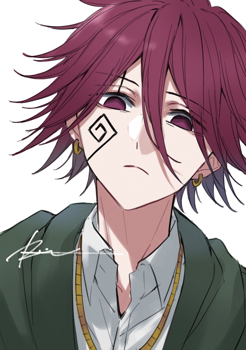 1boy, absurdres, carpaccio_luo-yang, closed_mouth, collared_shirt, earrings, empty_eyes, facial_mark
