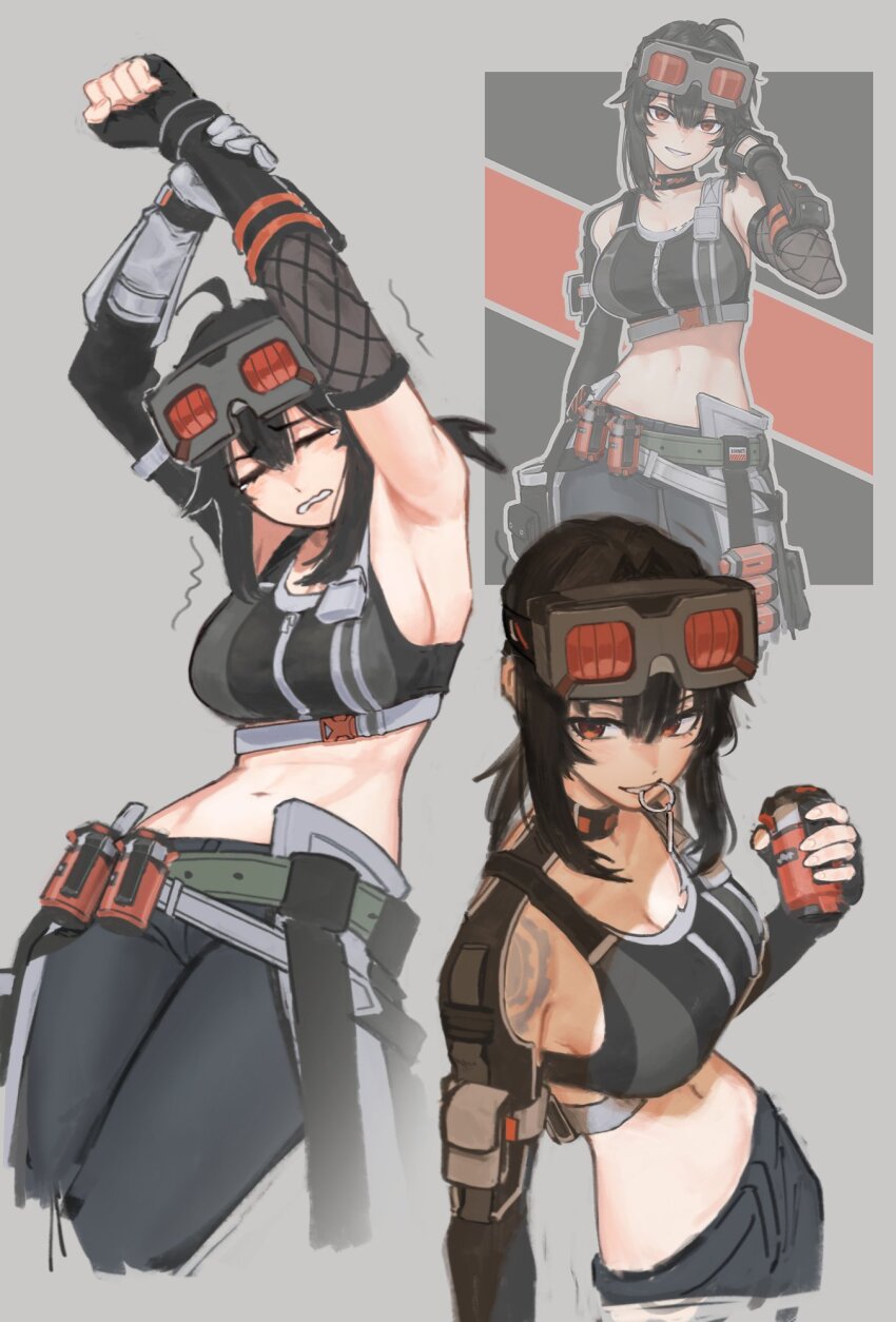 1girl, adjusting_hair, ahoge, armpits, belt, black_gloves, black_hair, black_pants, breasts, cleavage, closed_eyes, commentary, crop_top, english_commentary, explosive, fingerless_gloves, gloves, goggles, goggles_on_head, grace_howard, grenade, grenade_pin_in_mouth, grey_background, grin, hair_between_eyes, halfbakelim, highres, holding, holding_grenade, large_breasts, looking_at_viewer, medium_hair, midriff, multiple_views, navel, no_ahoge, pants, pouch, red_eyes, reference_inset, shoulder_tattoo, sideboob, simple_background, smile, stretching, tattoo, tears, thigh_pouch, torn_clothes, zenless_zone_zero, zipper