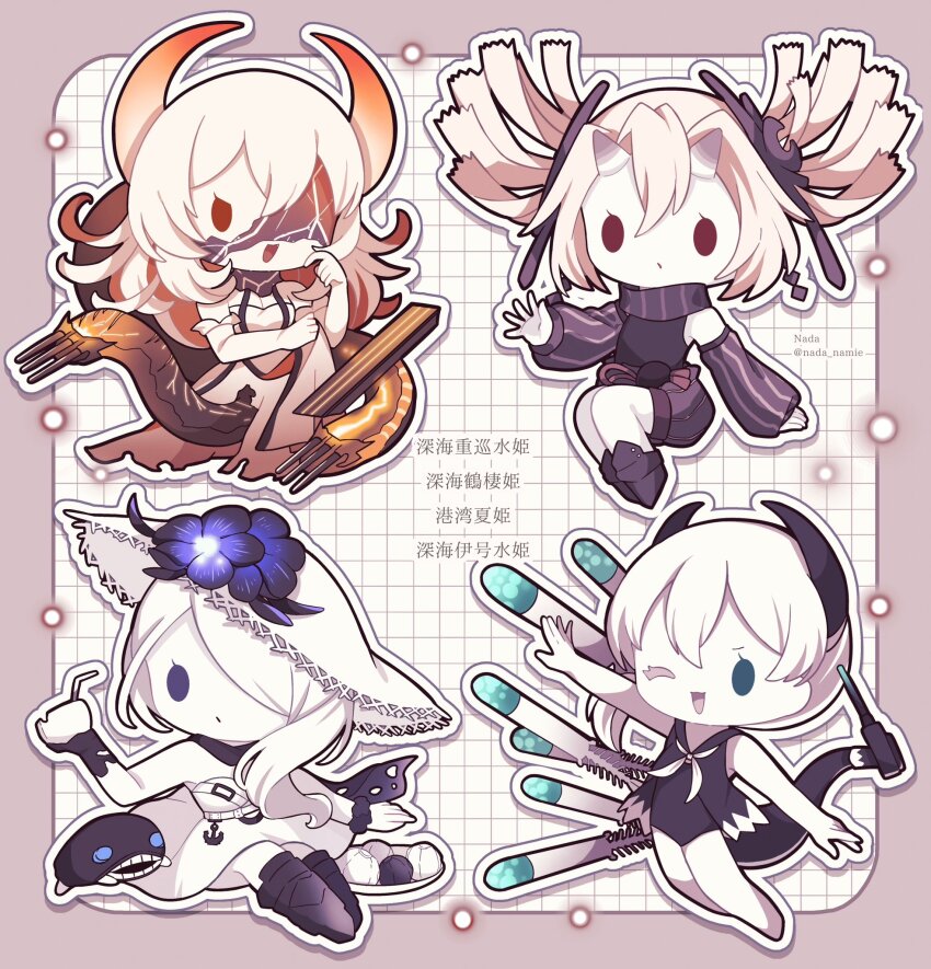 4girls, abyssal_crane_princess, abyssal_heavy_cruiser_water_princess, abyssal_i-class_water_princess, abyssal_ship, black_flower, black_one-piece_swimsuit, character_name