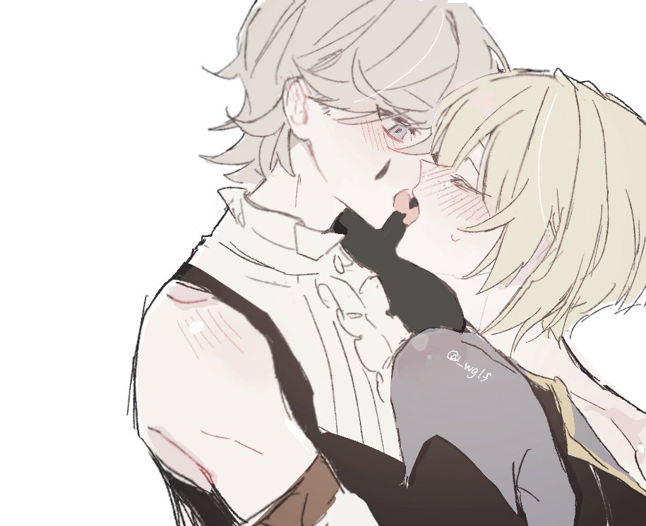 2boys, blonde_hair, blush, brothers, closed_eyes, facial_mark, freckles, freminet_(genshin_impact), french_kiss, genshin_impact, incest, kiss, lyney_(genshin_impact), multiple_boys, shirt, short_hair, siblings, sweatdrop, teardrop_facial_mark, tongue, tongue_out, wglf, white_background, white_shirt, yaoi