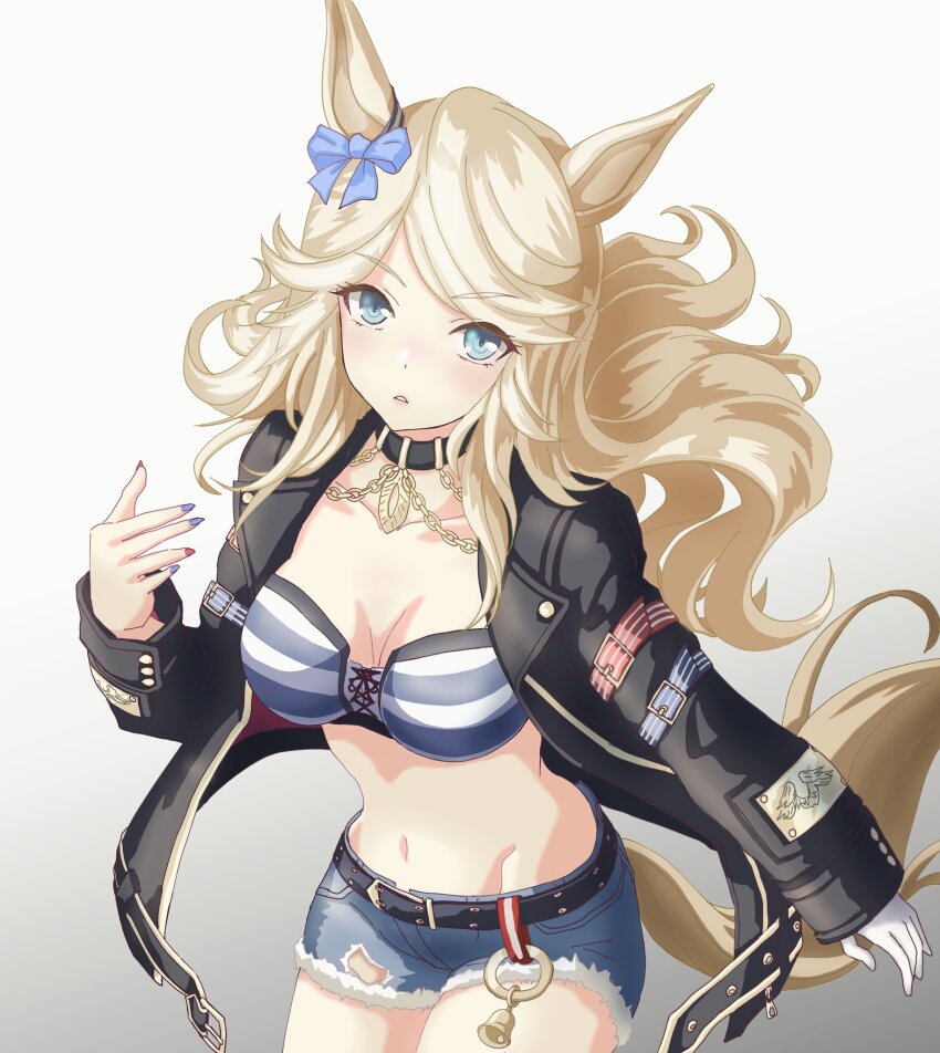 1girl, animal_ears, bandeau, black_jacket, blonde_hair, blue_bow, bow, denim