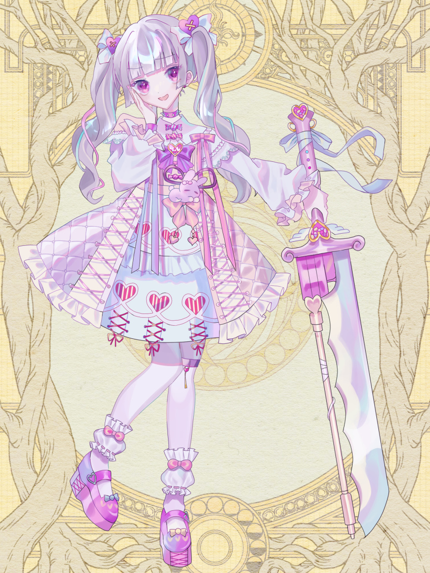 1girl, :d, ankle_garter, bare_shoulders, blue_bow, blue_hair, blue_nails, blunt_bangs, bow, bowtie, brooch, candy, clothing_cutout, collar, collared_dress, cross-laced_clothes, curly_hair, cute_weapon, dairoku_ryouhei, dress, earrings, empire_waist, food, food-themed_clothes, food-themed_earrings, food_themed_earrings, footwear_bow, frilled_dress, frilled_sleeves, frills, full_body, greatsword, grey_hair, hair_bow, hair_ornament, hand_on_own_cheek, hand_on_own_face, heart, heart_brooch, heart_hair_ornament, heart_print, highres, holding, holding_sword, holding_weapon, jewelry, knees_together_feet_apart, long_hair, long_sleeves, mary_janes, multicolored_nails, open_mouth, orange_nails, otogawa_(tw), pantyhose, pink_bow, pink_dress, pink_hair, pink_shoes, planted, planted_sword, planted_weapon, platform_shoes, puffy_long_sleeves, puffy_sleeves, purple_bow, purple_bowtie, purple_eyes, rabbit_ornament, shoes, shoulder_cutout, smile, solo, spiked_collar, spikes, standing, strawberry_earrings, sword, thigh_strap, tochigi_saline, twintails, two-tone_dress, weapon, white_dress, white_pantyhose, wrapped_candy, yellow_background, yume_kawaii