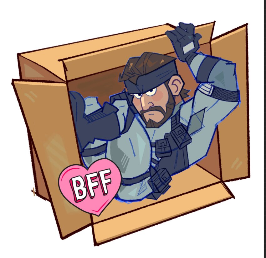 1boy, ass, bara, beard, blush, box, brown_hair, cardboard_box, censored, deformed, emoji, emoji_censor, facial_hair, full_beard, full_body, gloves, headband, highres, htoast_art, in_box, in_container, looking_at_viewer, male_focus, mature_male, metal_gear_(series), metal_gear_solid, muscular, muscular_male, mustache, sanpaku, short_hair, sitting, solid_snake, solo, thighs, tsurime