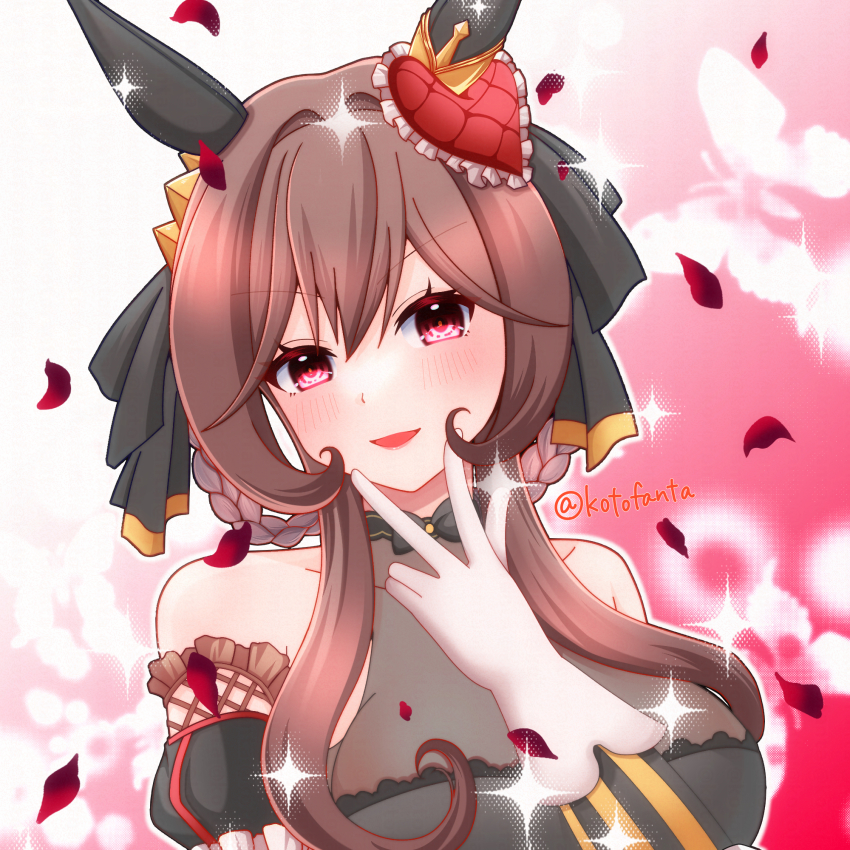 1girl, animal_ears, bare_shoulders, black_ribbon, blush, braid, braided_hair_rings, breasts