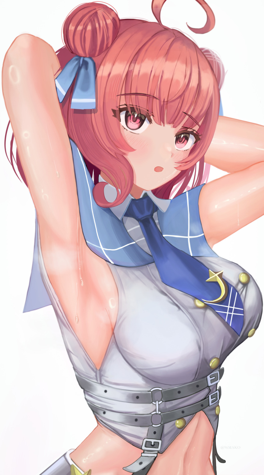 96mako, absurdres, ahoge, armpits, arms_up, belt, blue_necktie, blue_sailor_collar
