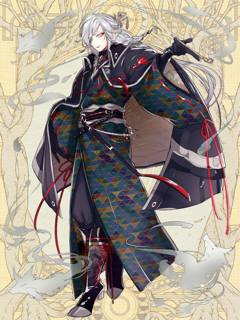 1boy, aqua_kimono, belt, wallet_chain, black_belt, black_boots, black_coat, black_gloves, black_pants, black_sash, black_shirt, blue_kimono, bolo_tie, boots, braid, brown_kimono, closed_mouth, coat, coat_on_shoulders, collared_coat, collared_shirt, dairoku_ryouhei, diagonal_bangs, eyeliner, fox, full_body, gloves, grey_eyes, grey_hair, hair_ornament, hair_stick, high_heel_boots, high_heels, holding, holding_smoking_pipe, japanese_clothes, kimono, kiseru, lace-up_boots, long_hair, looking_down, makeup, male_focus, mole, mole_under_eye, morino_bambi, multicolored_kimono, obiage, outstretched_arm, pants, parted_lips, red_eyeliner, red_lips, red_ribbon, ribbon, ribbon-trimmed_sleeves, ribbon_trim, sash, seigaiha, shirt, side_braid, smile, smoke, smoking_pipe, solo, spirit, standing, tassel, two-sided_coat, two-sided_fabric, unen_kanou, uroko_(pattern), wide_sleeves, yellow_background