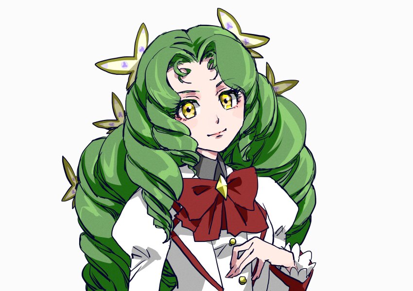 1girl, bow, bowtie, butterfly_hair_ornament, closed_mouth, collared_shirt, commentary_request, drill_hair