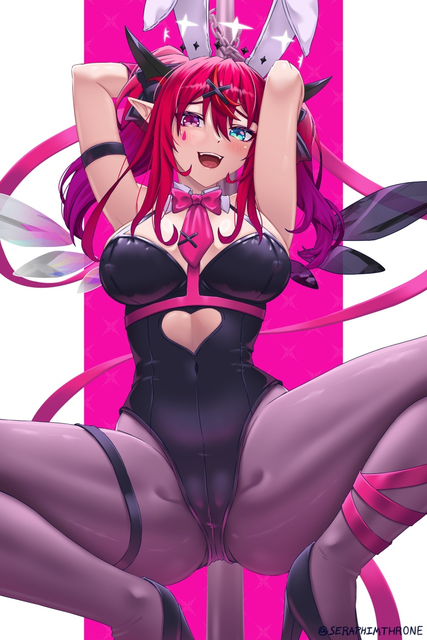 1girl, alternate_costume, animal_ears, arms_behind_head, arms_up, black_footwear, black_leotard, black_pantyhose