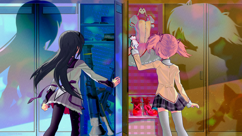 2girls, absurdres, akemi_homura, akemi_homura_(magical_girl), ammunition, argyle_clothes, argyle_legwear, back_bow